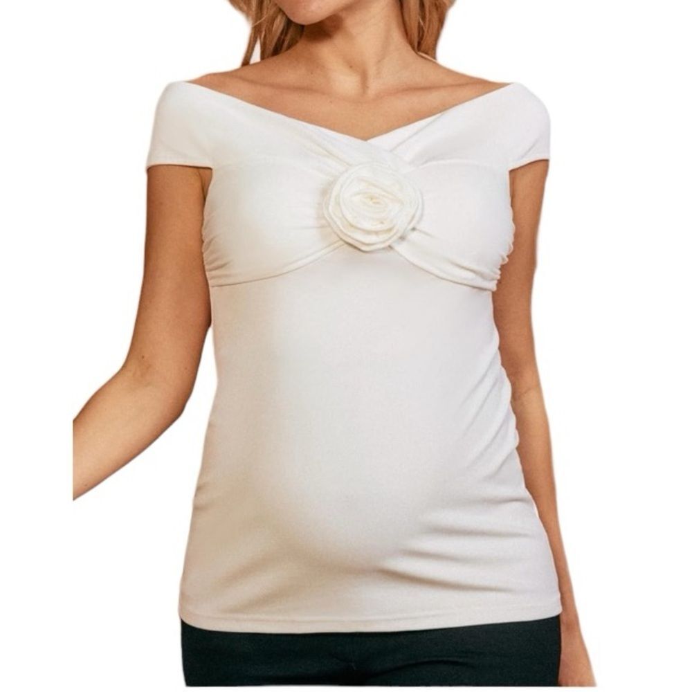 Maternity Top Womens XL White Rose Off Shoulder Flower V Neck Blouse Shirt OC3